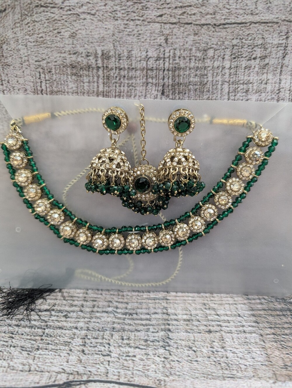 Gold-Tone Green Crystal Indian Choker Set with Jhumka Earrings